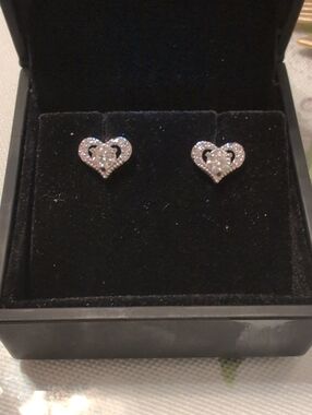 Sparkling Heart Halo Stud Earrings in Silver Tone